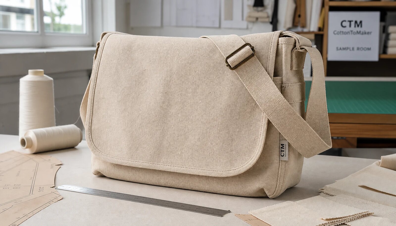 Natural canvas messenger bag with reinforced stitching and a CTM sample label in a factory sample room.