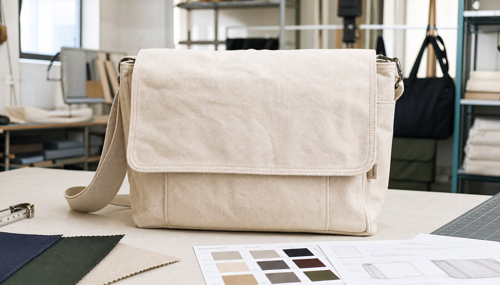 A natural canvas messenger bag with a small CTM sample logo shown in a clean factory sample room