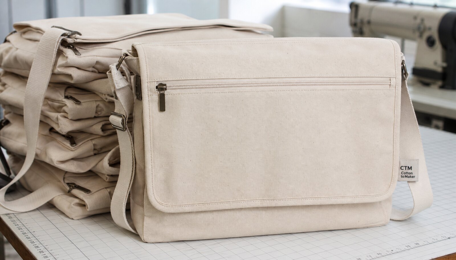 Photorealistic canvas messenger bag sample with a stitched CTM CottonToMaker side label in a factory sample room