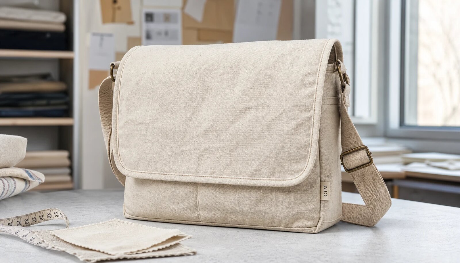CottonToMaker canvas messenger bag sample with CTM woven side label for hotel retail bulk order review
