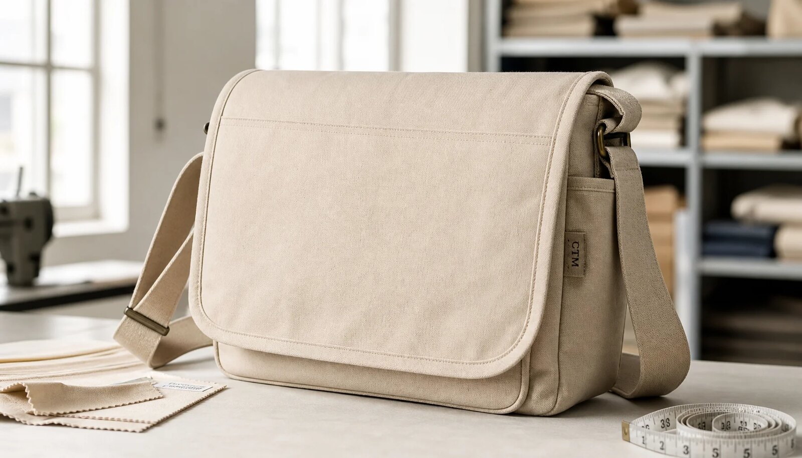Photorealistic canvas messenger bag sample with a sewn CTM / CottonToMaker label in a clean factory sample room
