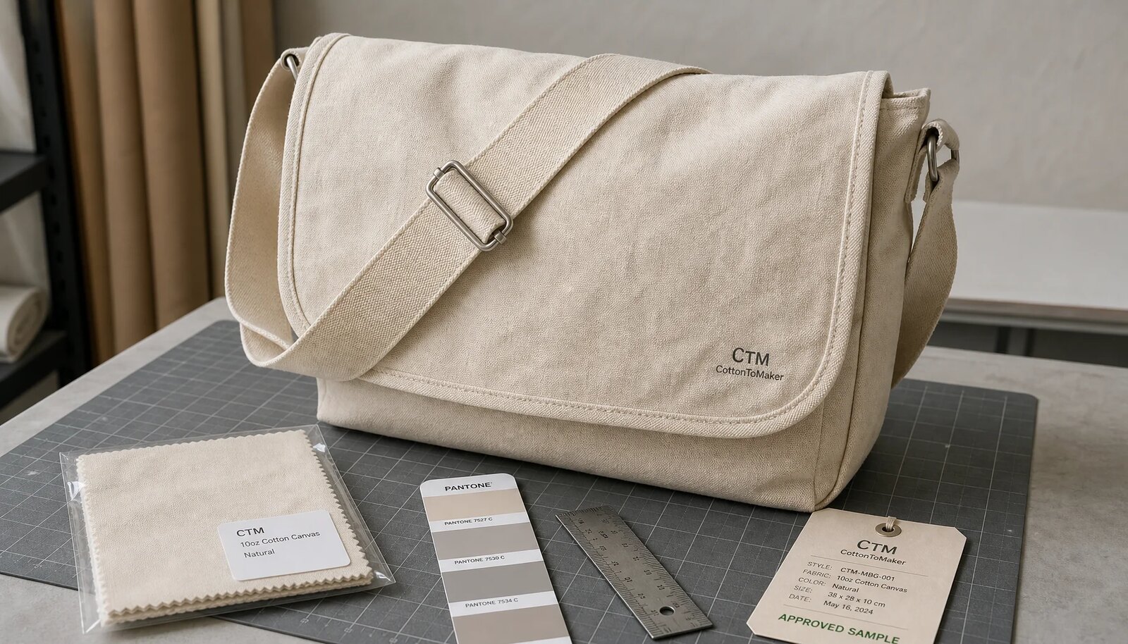 Natural canvas messenger bag with approved fabric swatch and print proof tools for hotel retail sourcing