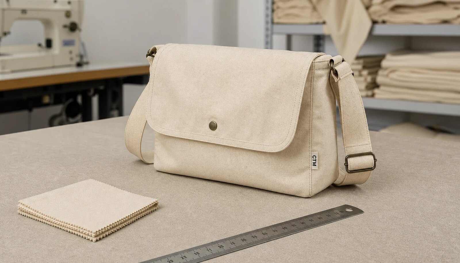 Natural canvas messenger bag with CTM woven label prepared for hotel retail quality inspection