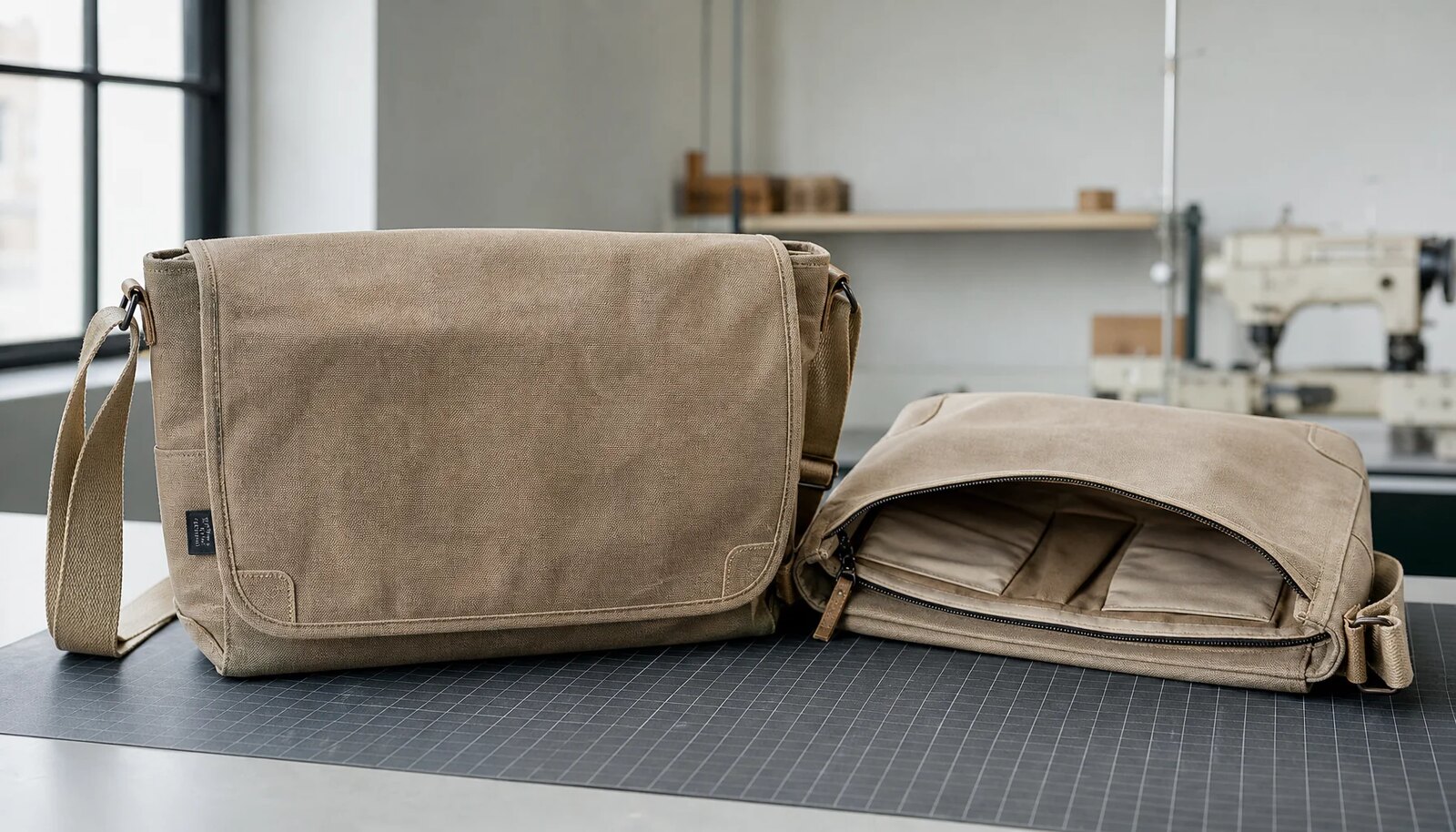 Photorealistic canvas messenger bag with a small CottonToMaker sample logo in a factory sample room