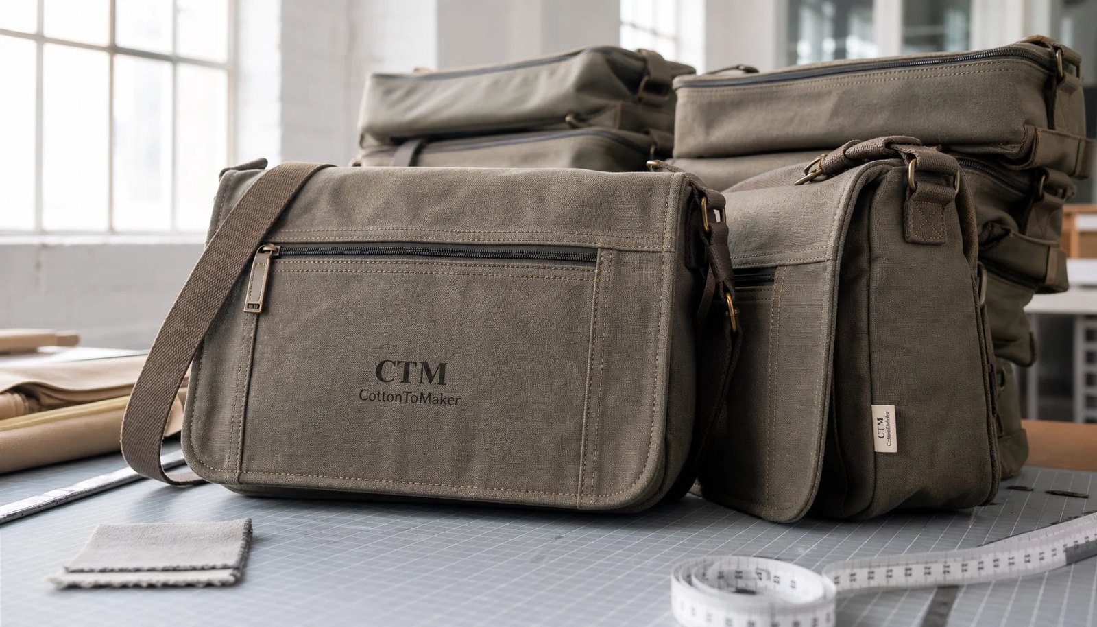 Canvas messenger bags in a factory sample room with a simple CTM sample logo printed and woven on the bag