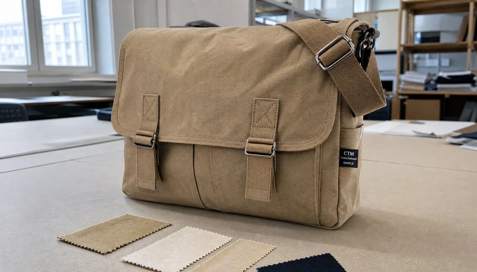 Canvas messenger bag sample with CTM side label, reinforced stitching, strap webbing, and fabric swatches in a factory sample room.