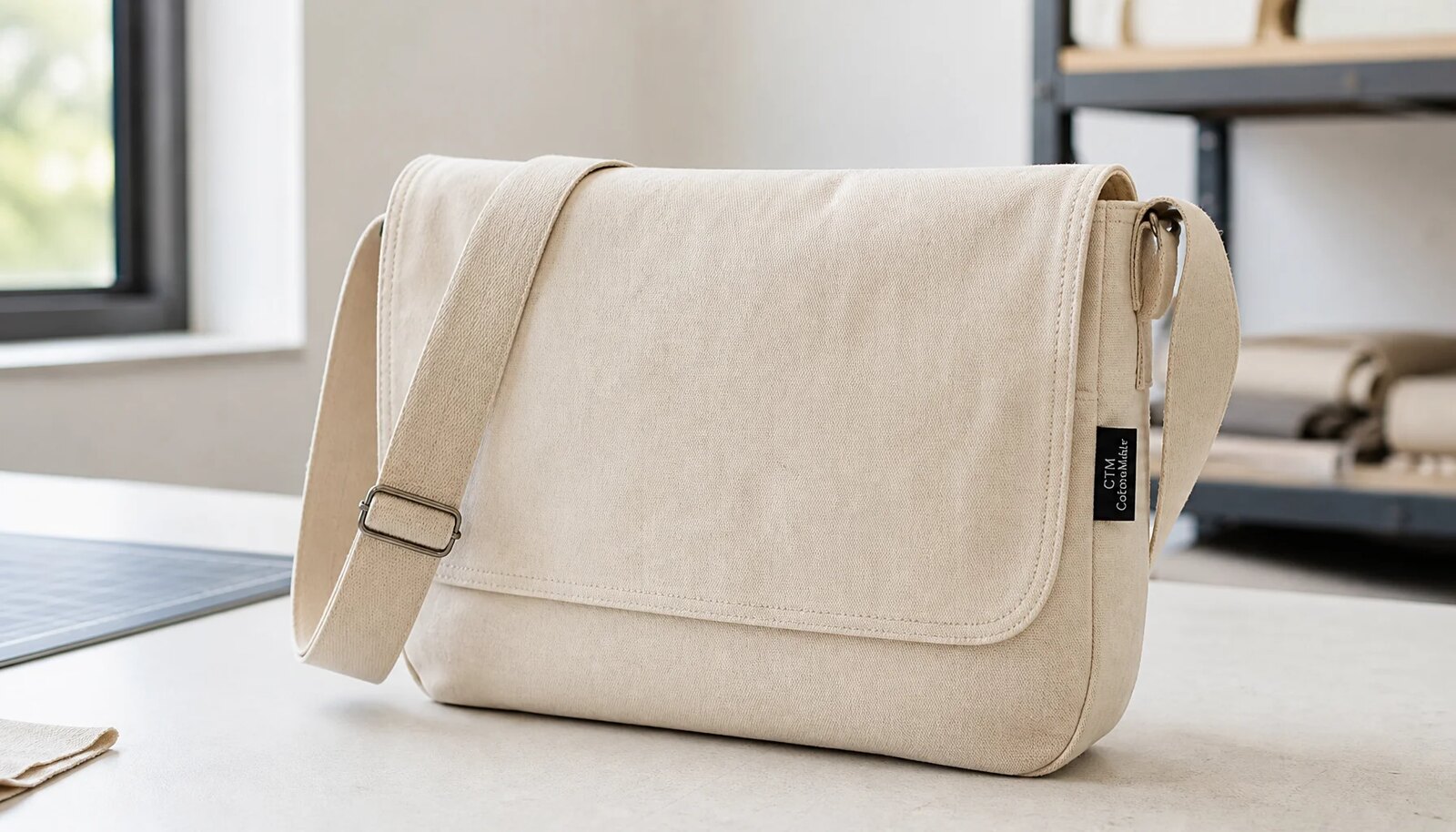 Natural canvas messenger bag with sewn CTM CottonToMaker side label in a factory sample room
