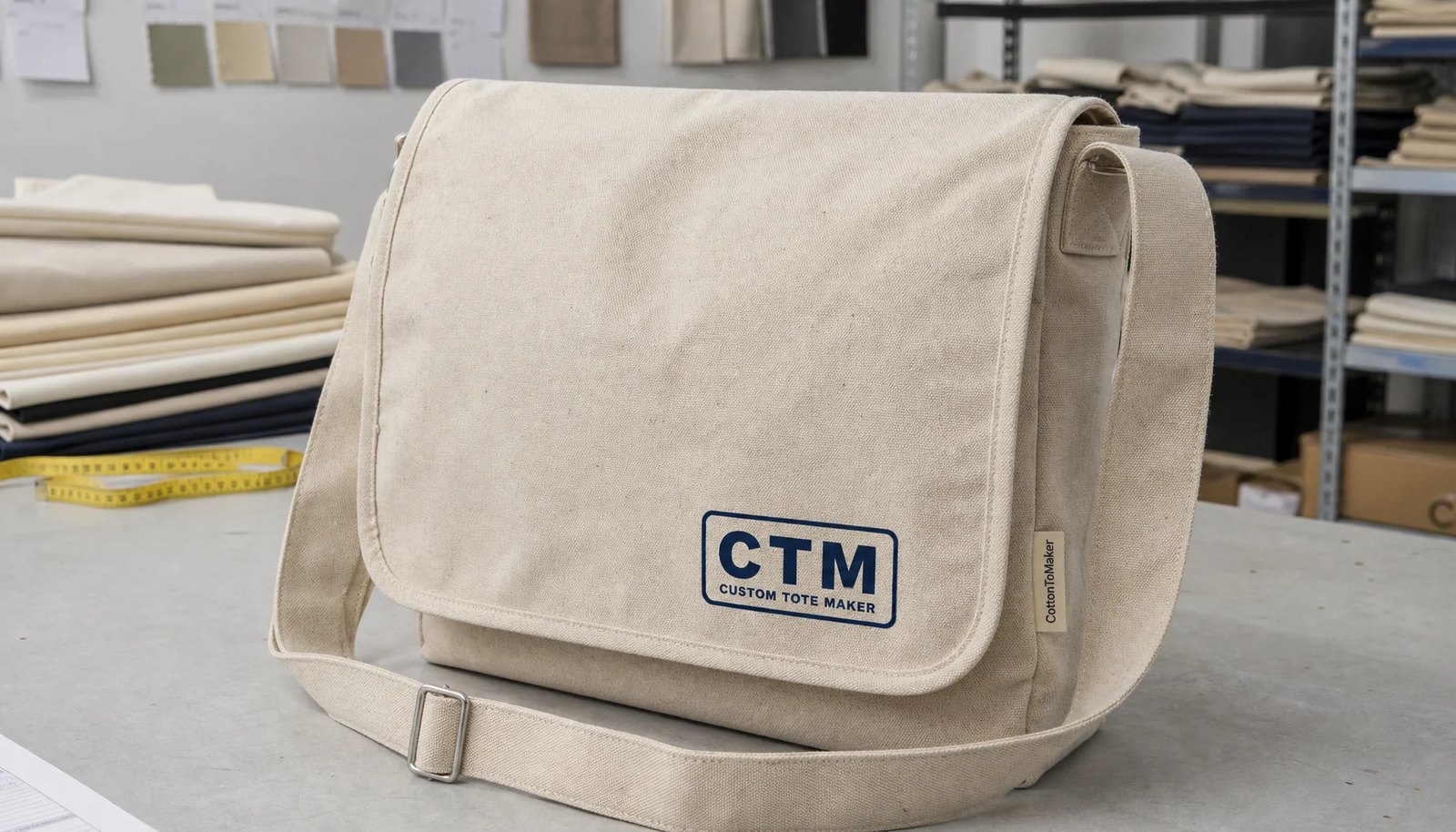 Natural canvas messenger bag sample with CTM logo, reinforced strap, flap, and hardware for durability review