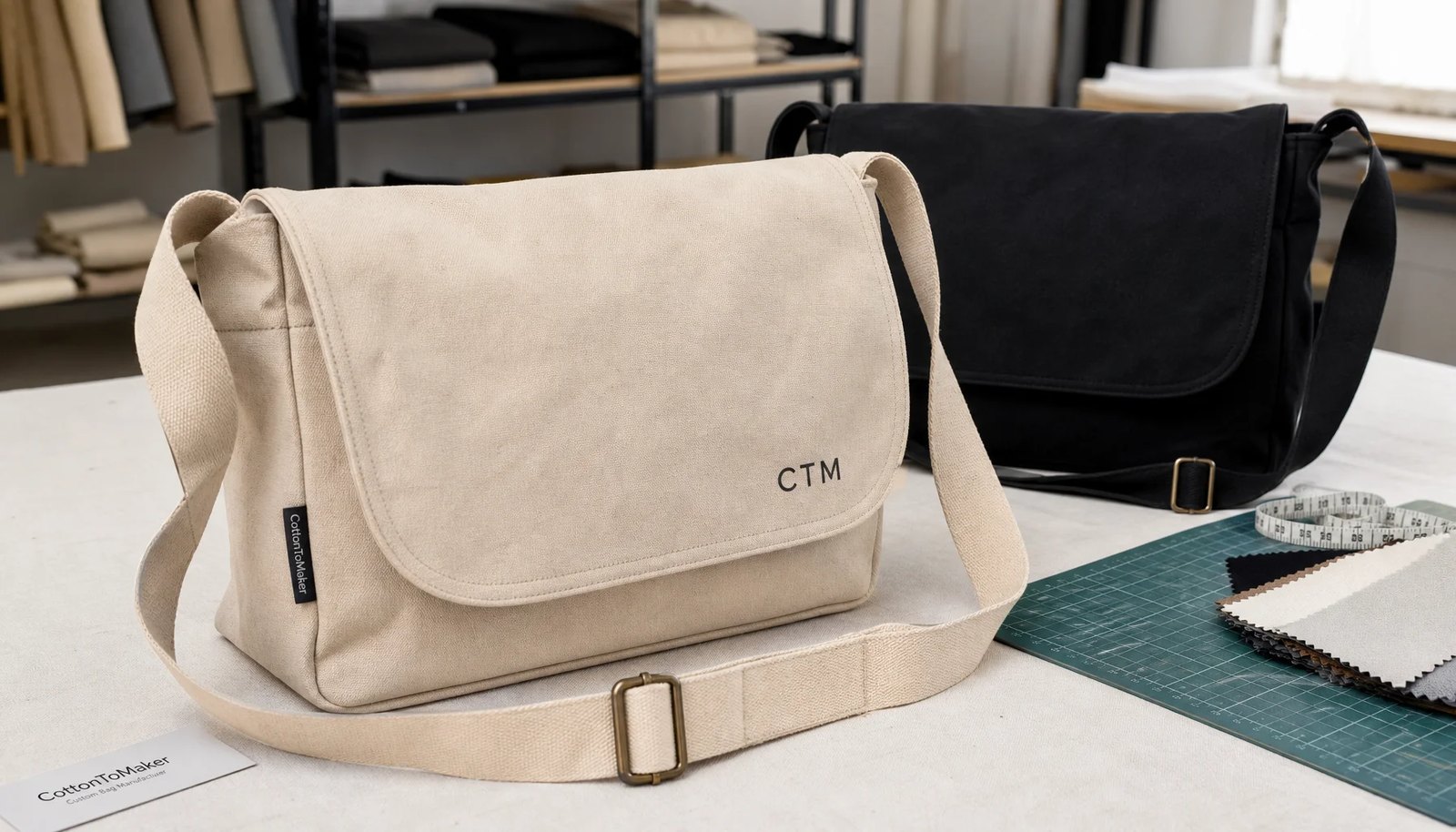 Canvas messenger bag samples with CTM logo in a factory sample room