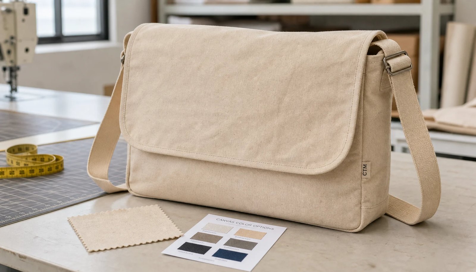 Natural canvas messenger bag sample with CTM woven side label in a factory sample room