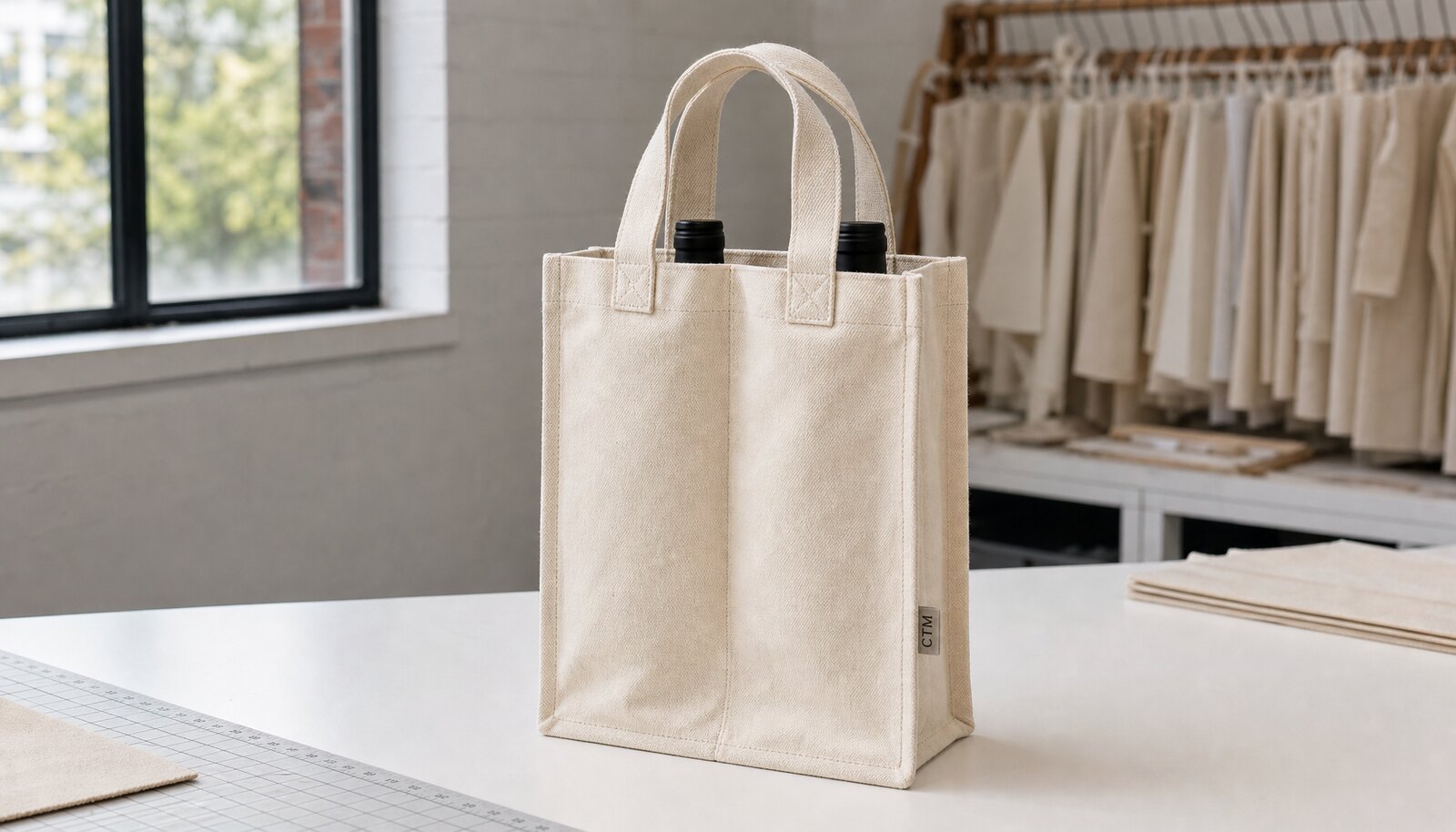 A natural canvas wine carrier with a stitched CTM sample label in a clean factory sample room.