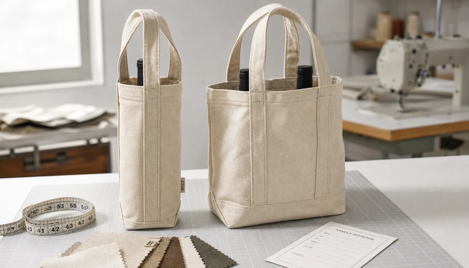 Canvas wine carrier sample with CTM / CottonToMaker logo in a factory sample room