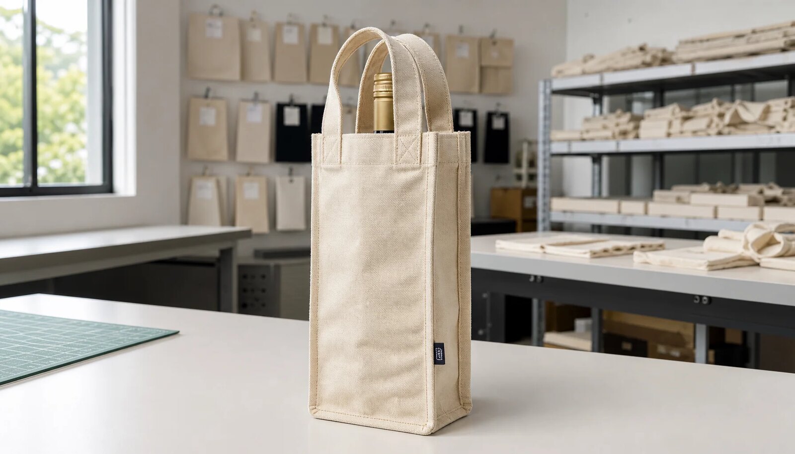 Natural canvas wine carrier with a CTM/CottonToMaker woven side label in a factory sample room