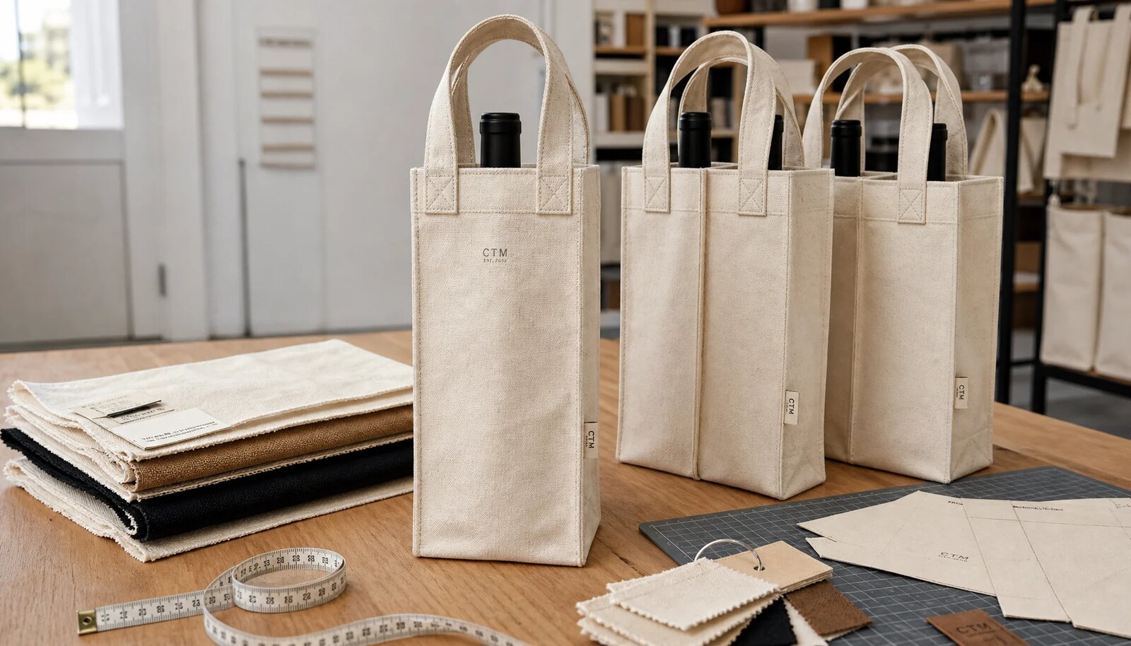 Natural canvas wine carriers with CTM sample logo in a factory sample room