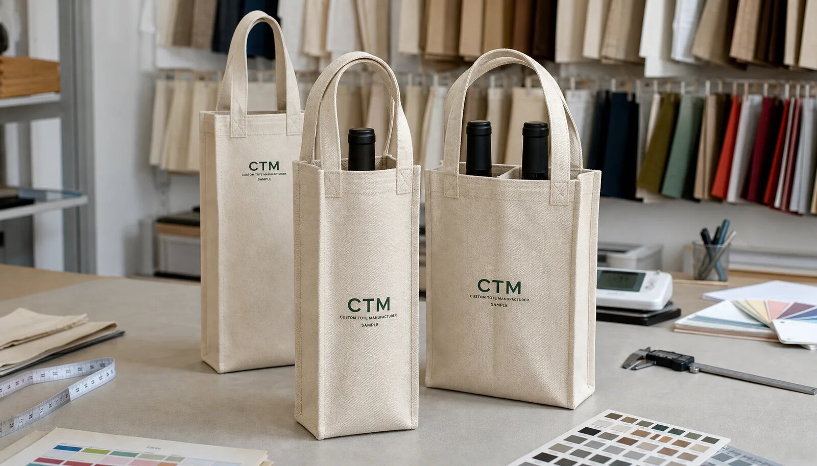 Natural cotton canvas wine carriers with reinforced handles and sample logo in a factory sample room