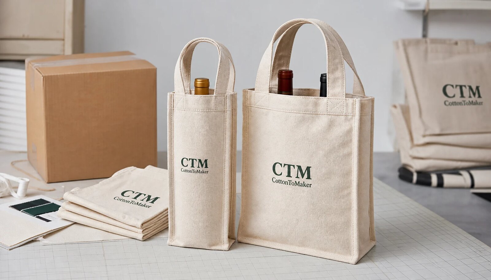 Natural canvas wine carriers with CTM logo and carton packing samples on a clean studio table