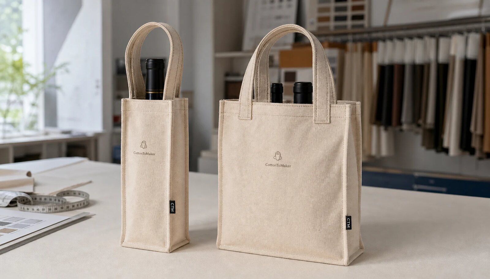 Natural canvas wine carriers with CTM logo sample label in a factory sample room
