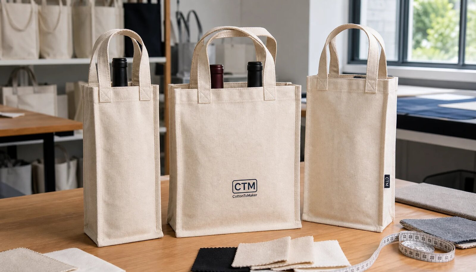 Canvas wine carrier samples with CTM logo on a factory inspection table