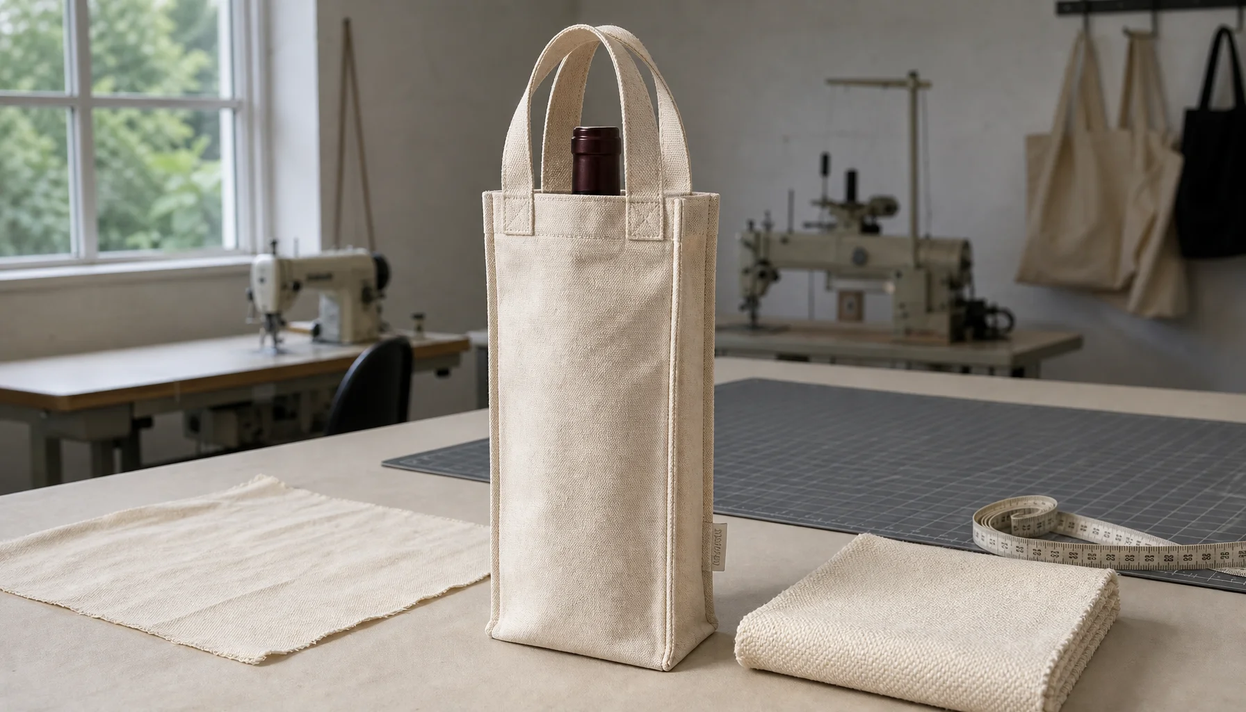 Canvas wine carrier samples with CTM logo in a factory sample room, showing different fabric weights and reinforced handle construction.