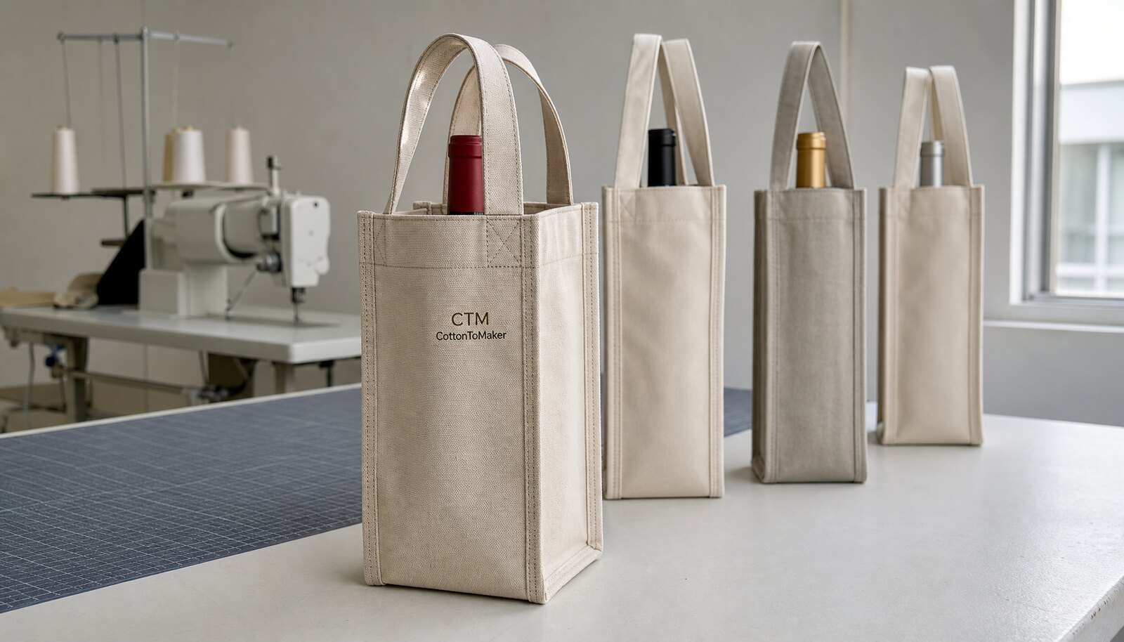 Canvas wine carriers with a simple CTM/CottonToMaker logo printed on a sample bag in a factory sample room