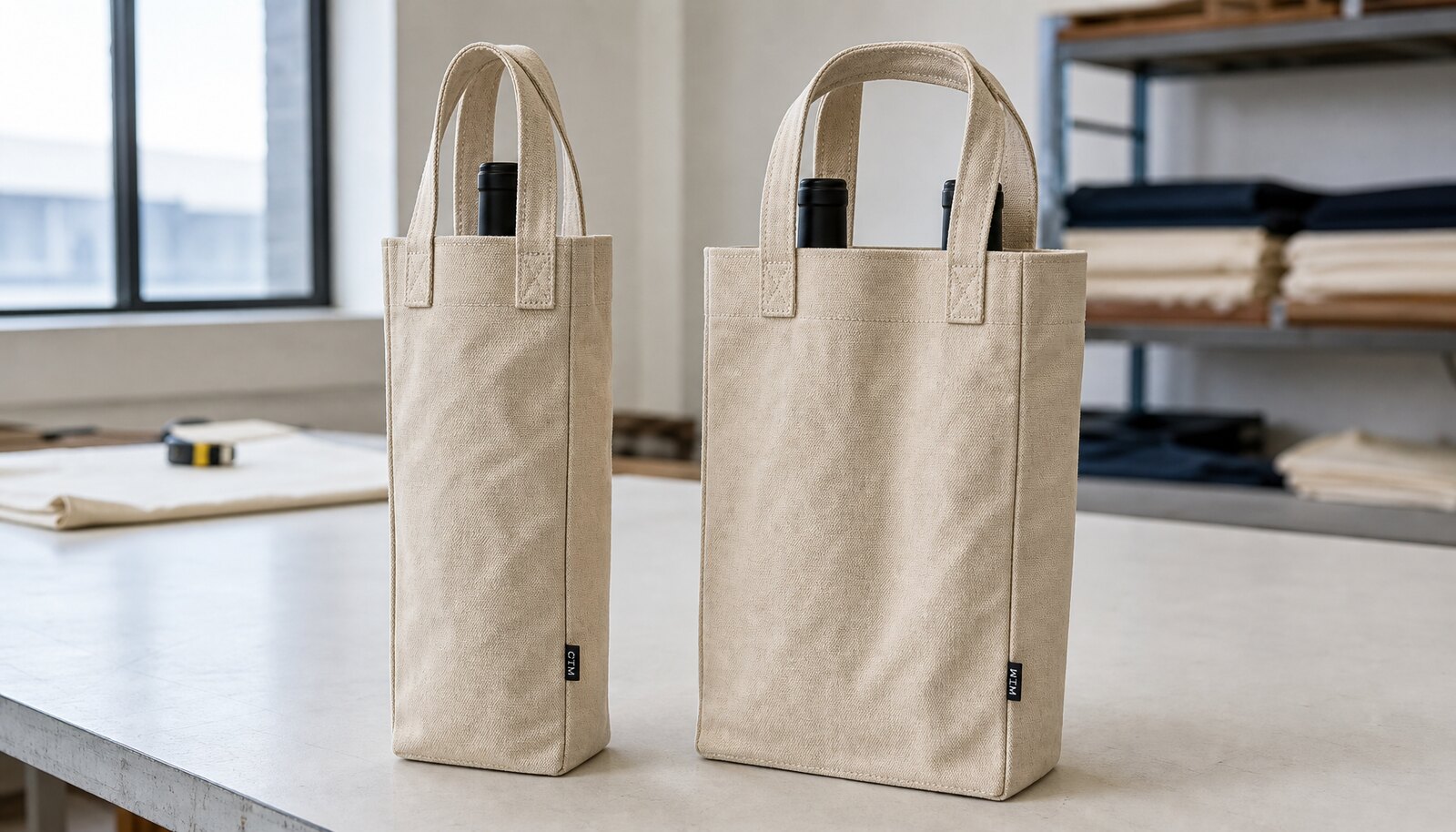 Canvas wine carrier samples with a small CTM woven side label in a clean factory sample room.