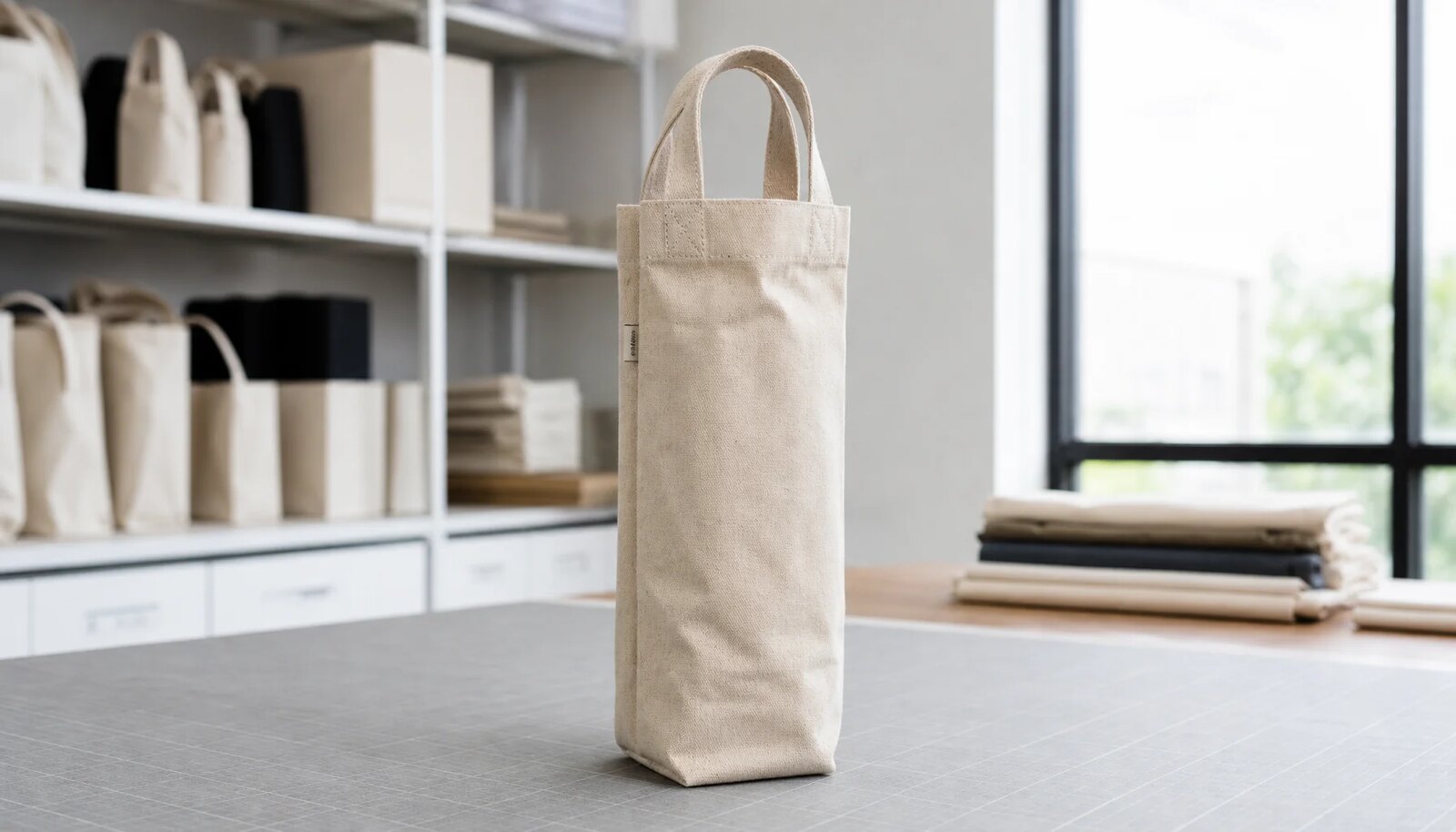 Photorealistic natural canvas wine carrier with a sewn CTM/CottonToMaker side label in a clean factory sample room
