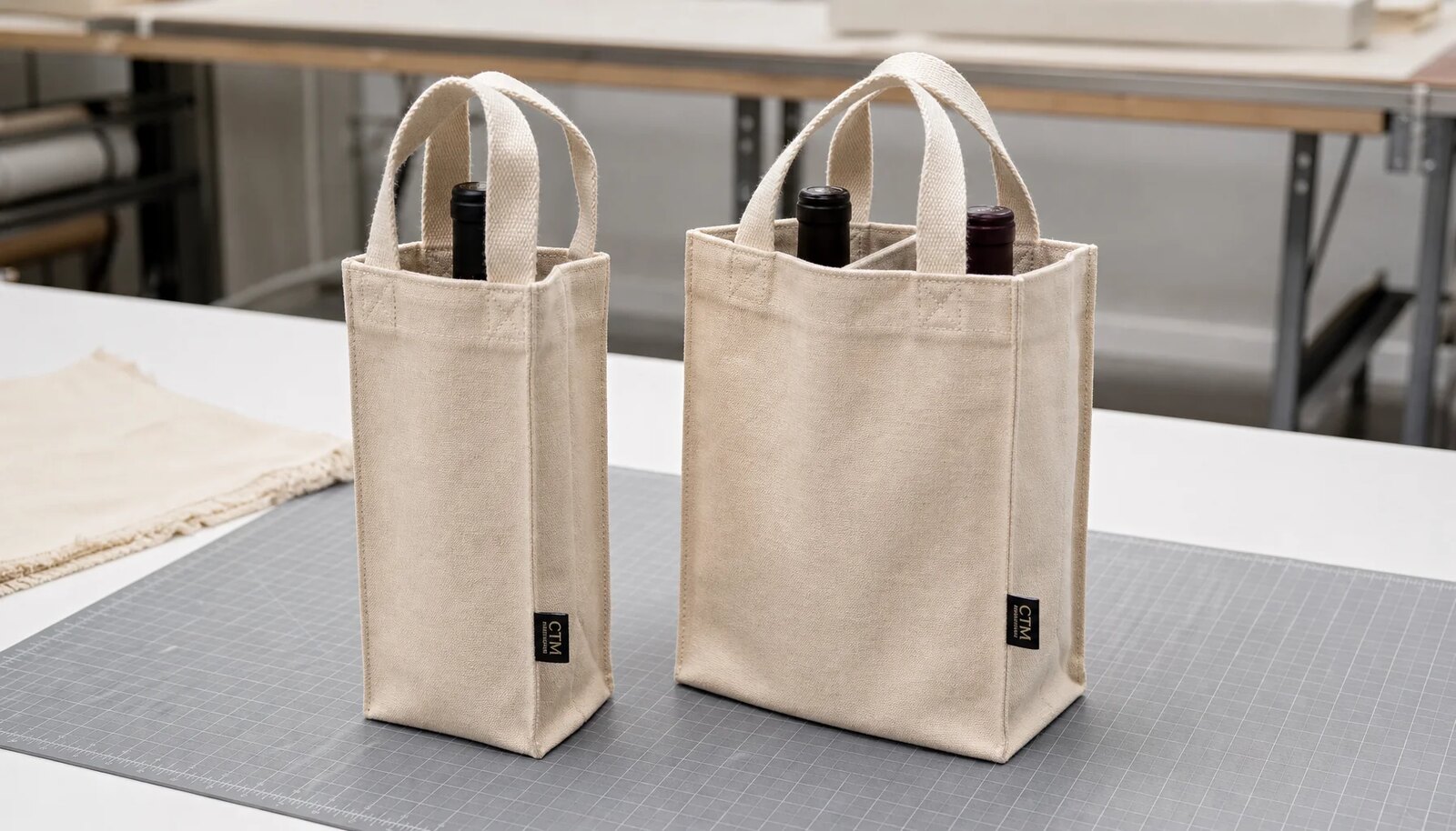 Natural canvas wine carriers with reinforced stitching and a sewn CTM / CottonToMaker side label in a factory sample room.