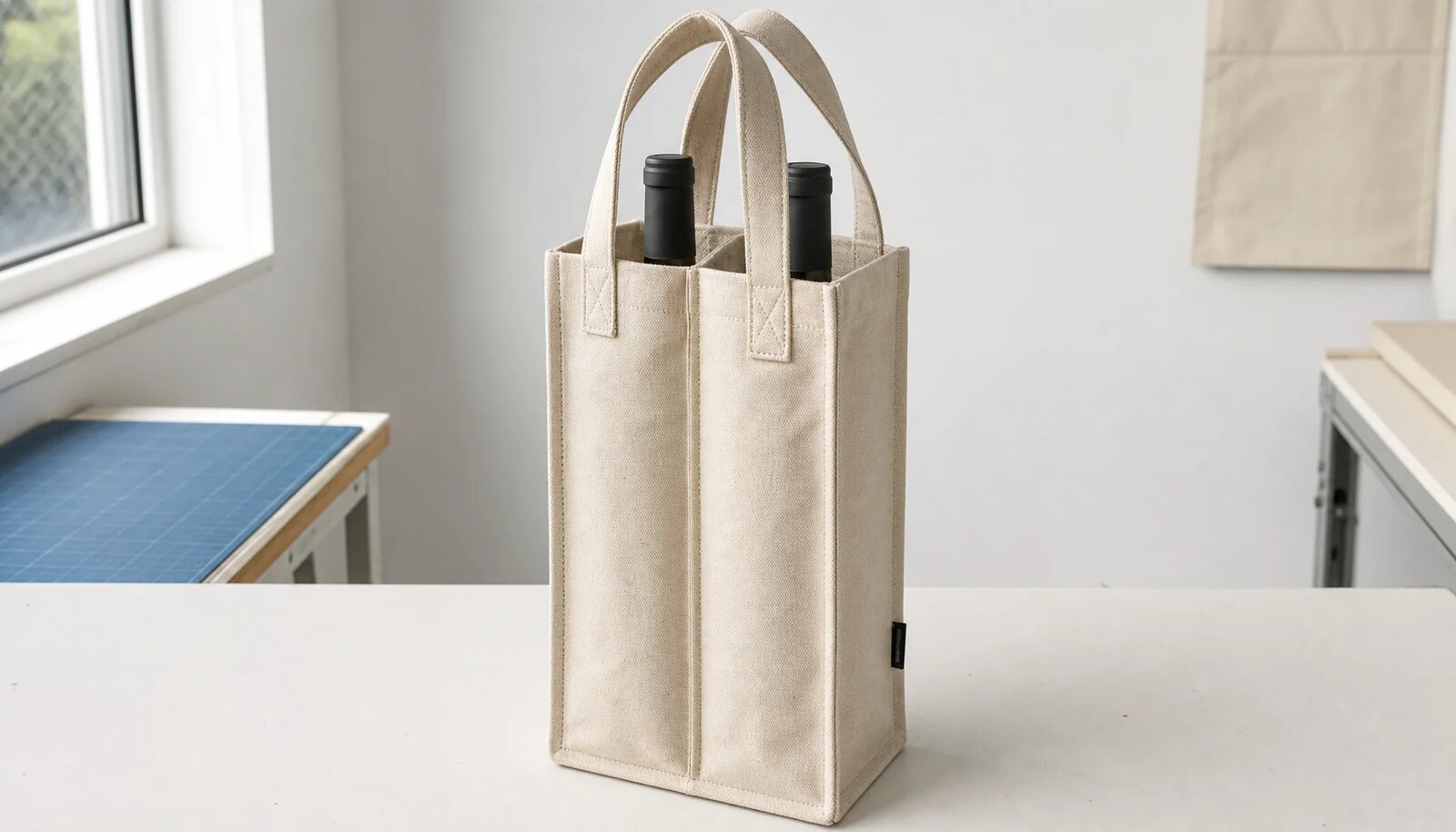 Natural canvas two-bottle wine carrier sample with reinforced stitching and CTM woven side label in a factory sample room.