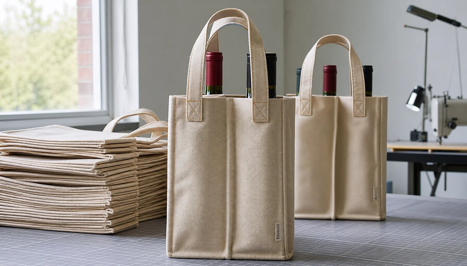 Canvas wine carriers for events in a factory sample room with a CTM CottonToMaker sample label