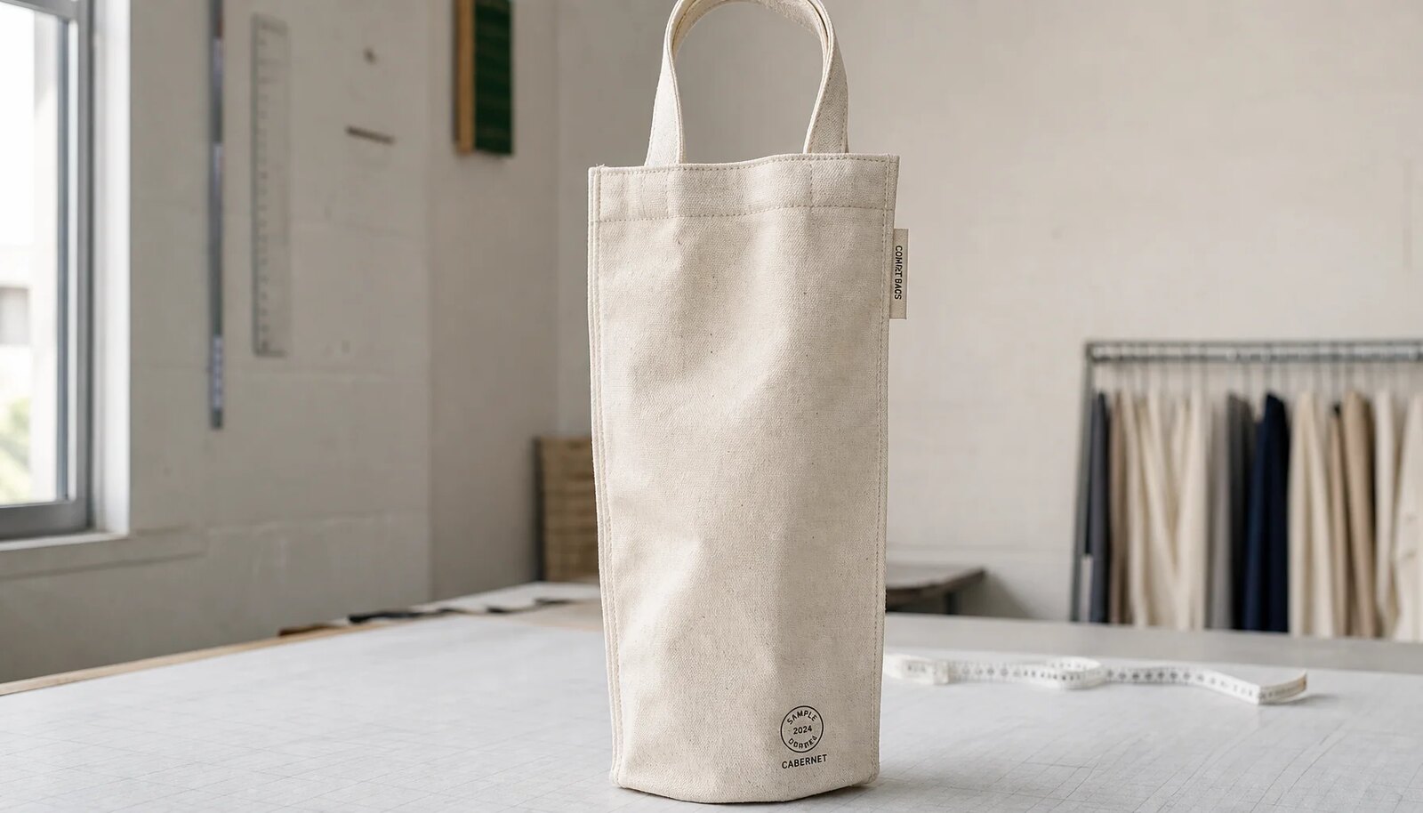 Photorealistic canvas wine carrier sample with CTM logo in a factory sample room