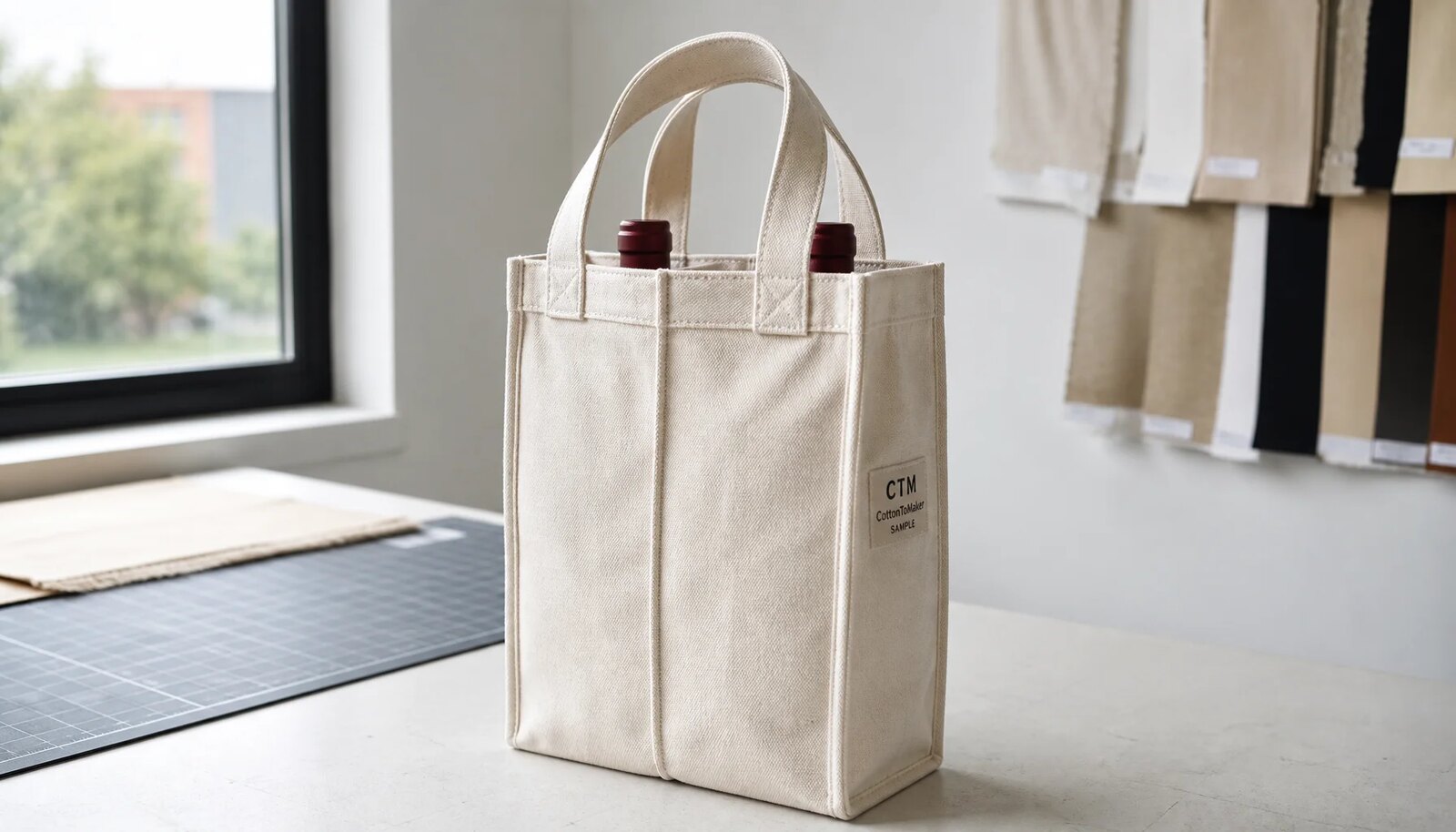 Photorealistic canvas wine carrier sample with a small CTM CottonToMaker side label in a factory sample room