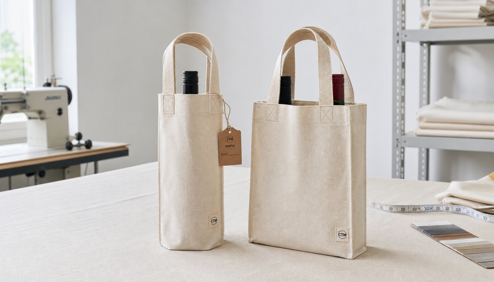 Natural canvas wine carriers with a simple CTM sample logo in a factory sample room