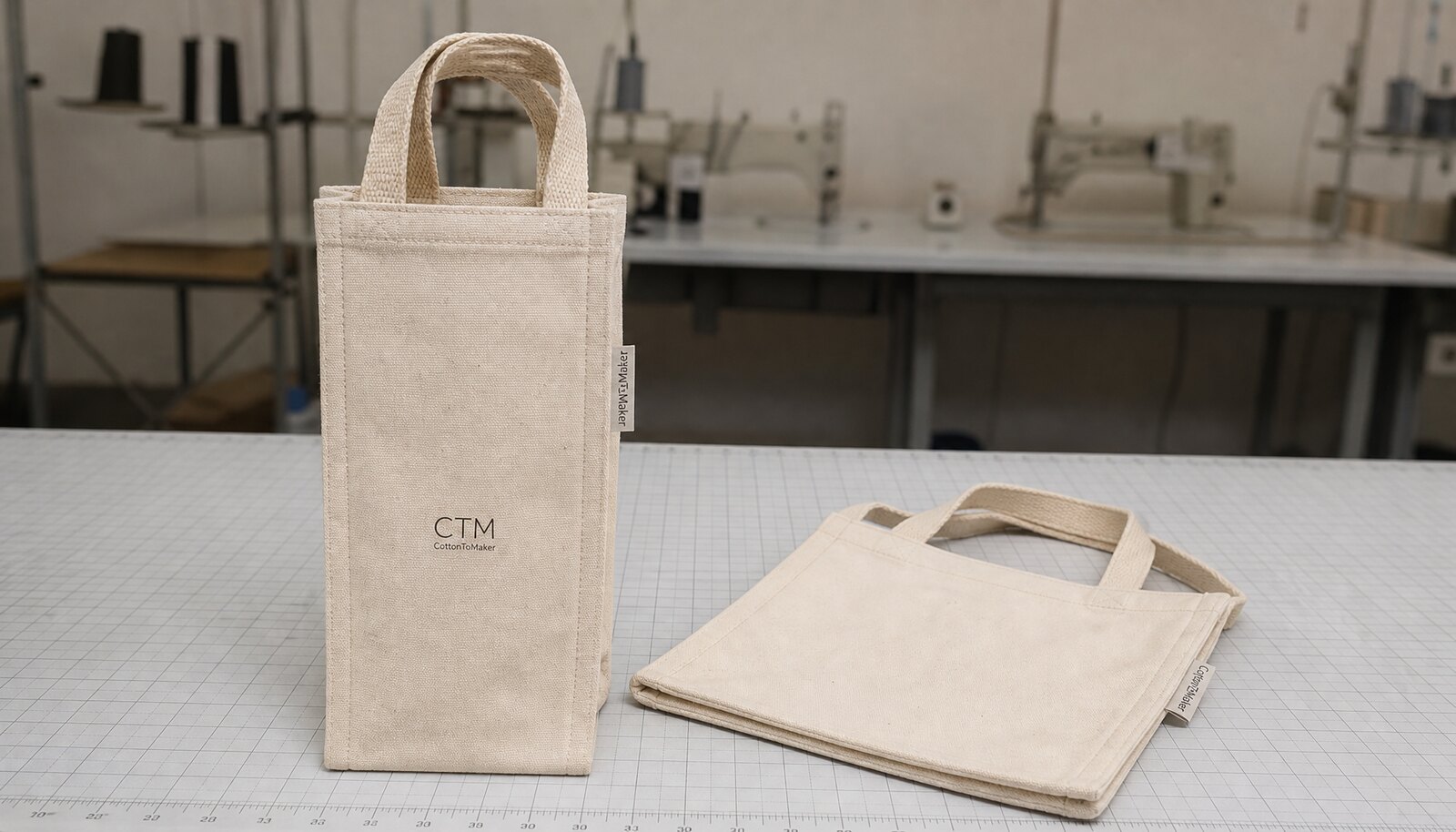 Canvas wine carriers with a small CTM logo printed directly on the bag in a clean factory sample room