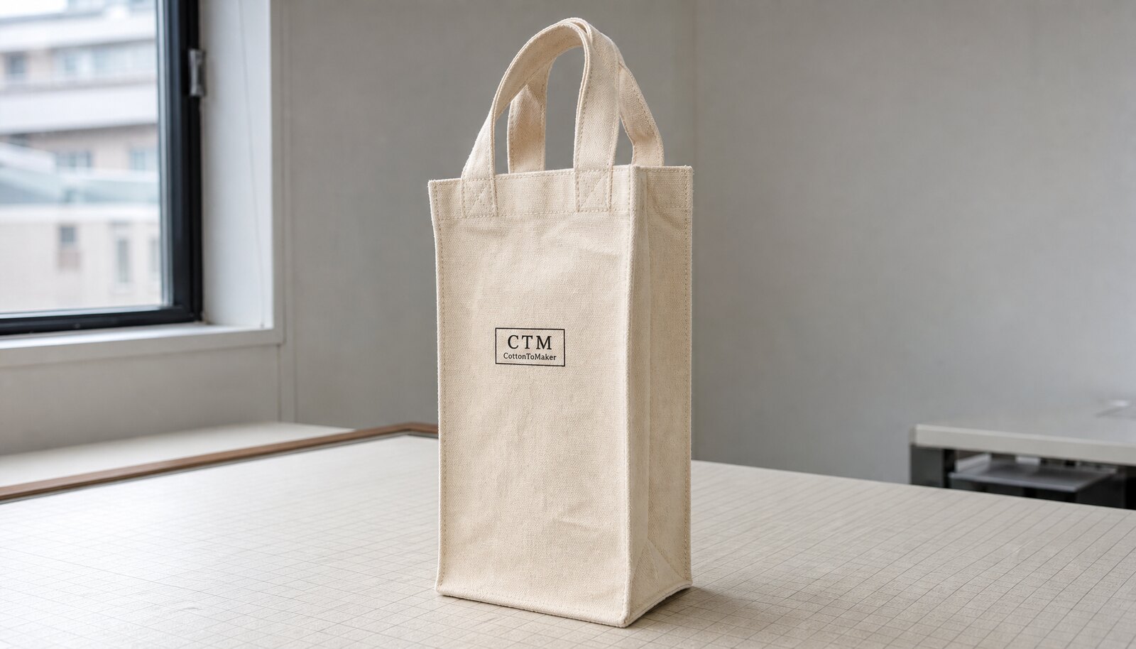 Canvas wine carrier with a small CTM sample logo printed on the front panel in a factory sample room