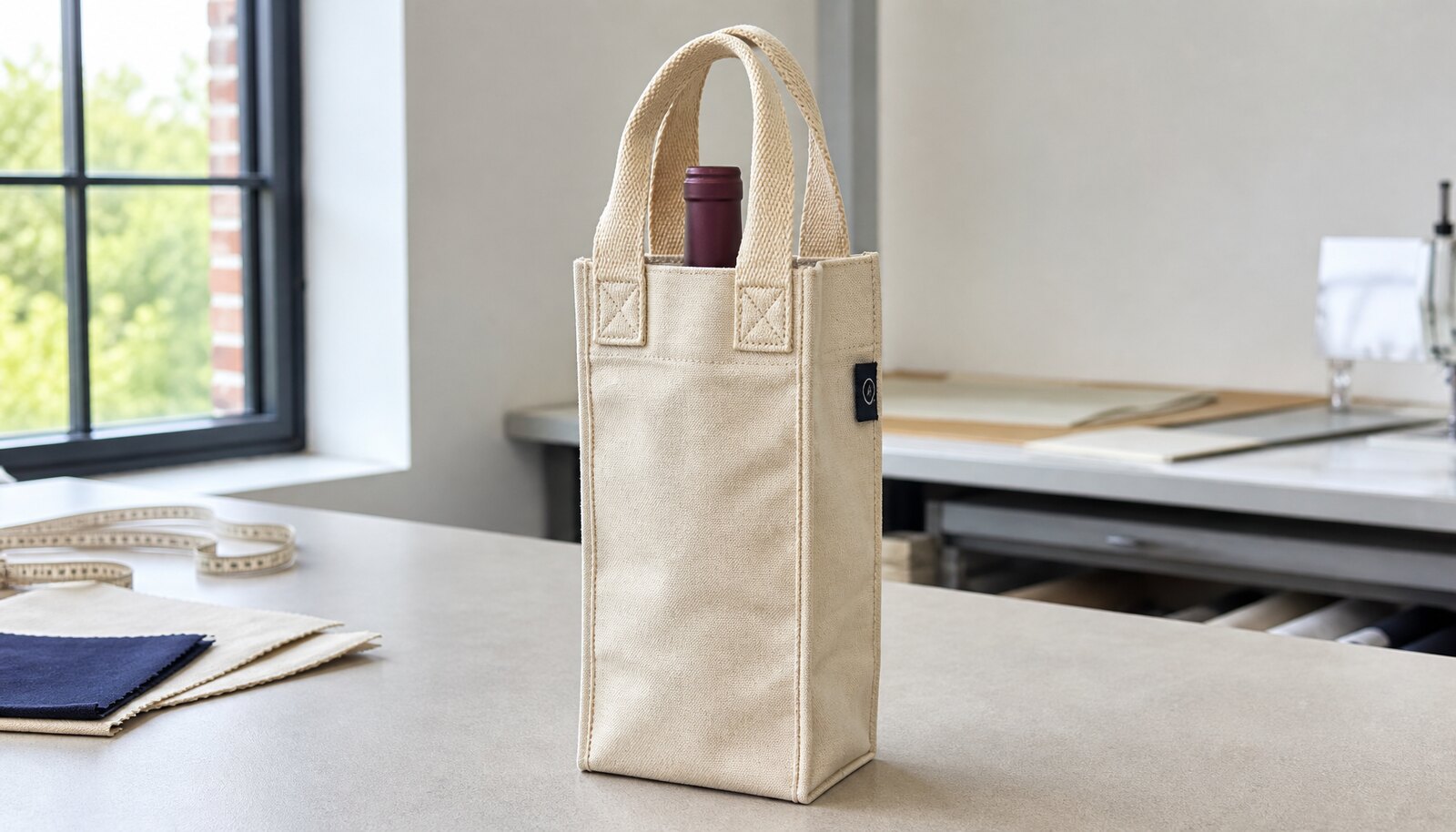 Photorealistic canvas wine carrier with a simple CTM sample logo on a side label in a factory sample room