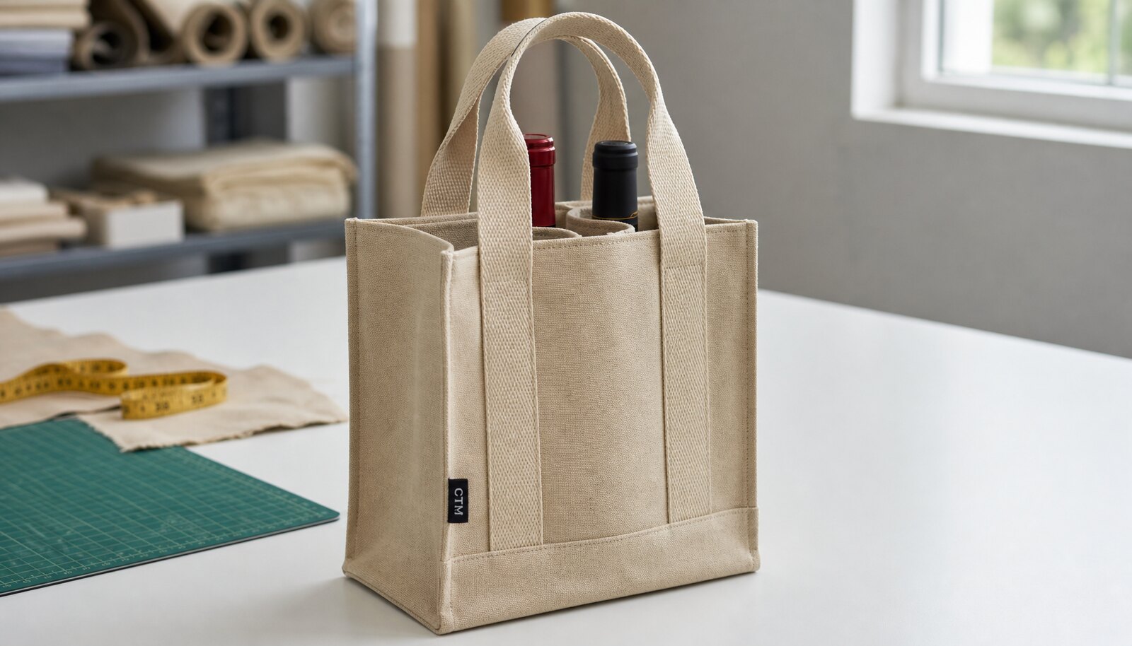 Canvas wine carrier sample with CTM/CottonToMaker woven side label in a factory sample room