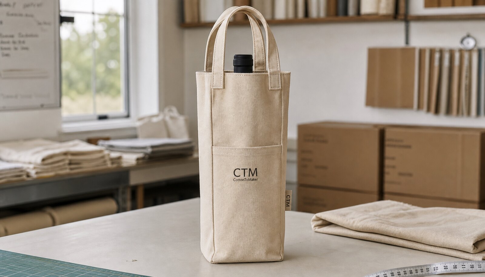 Photorealistic canvas wine carrier with a simple CTM CottonToMaker sample logo printed on the bag in a clean factory sample room