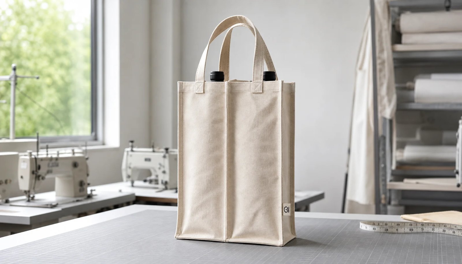 Photorealistic canvas wine carrier with a small CTM side label in a factory sample room