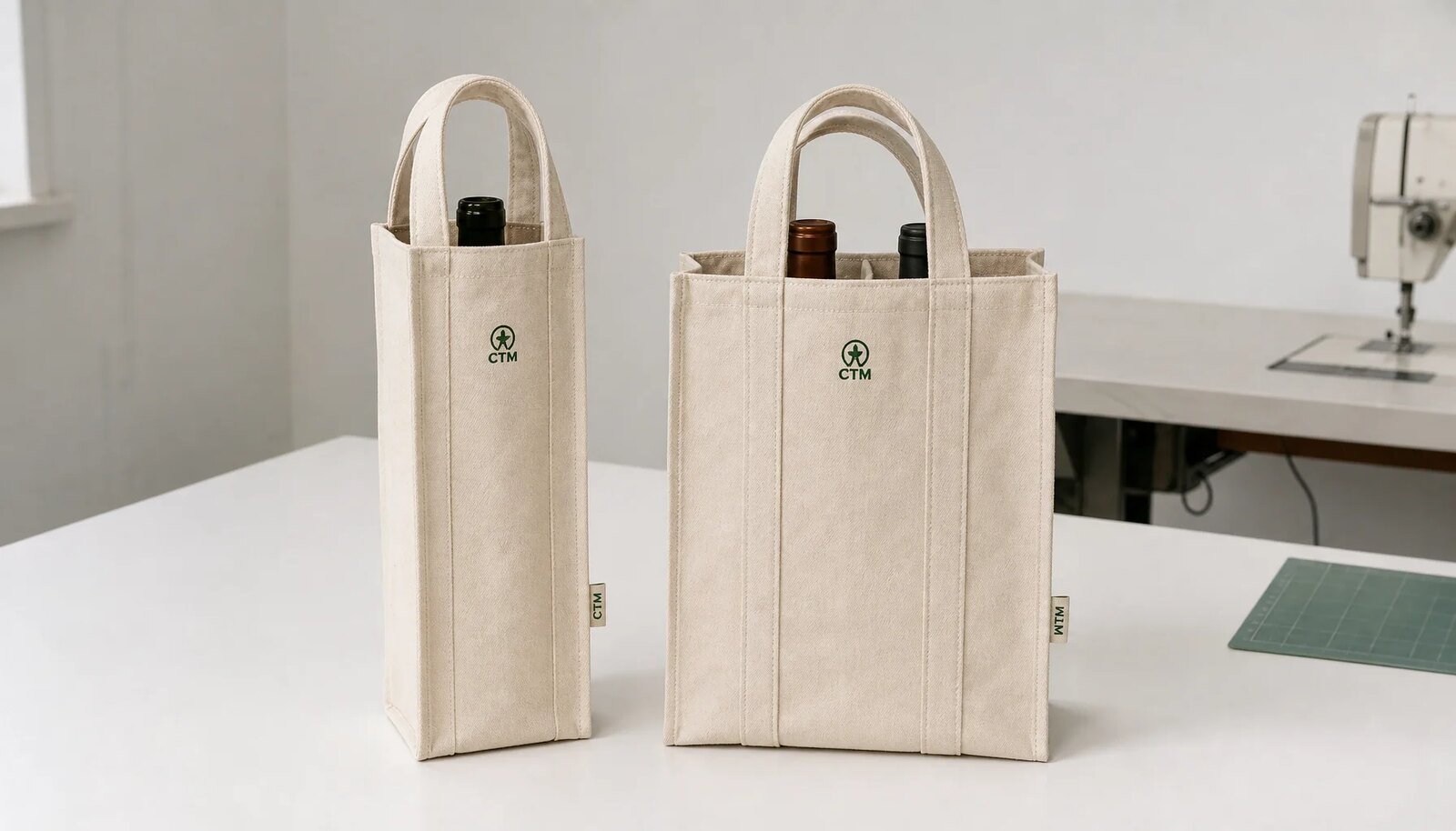 Natural canvas wine carriers with CTM sample logo and woven side label
