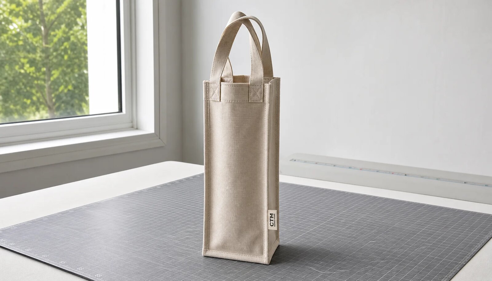 Natural canvas wine carrier with a CTM sample logo in a factory sample room