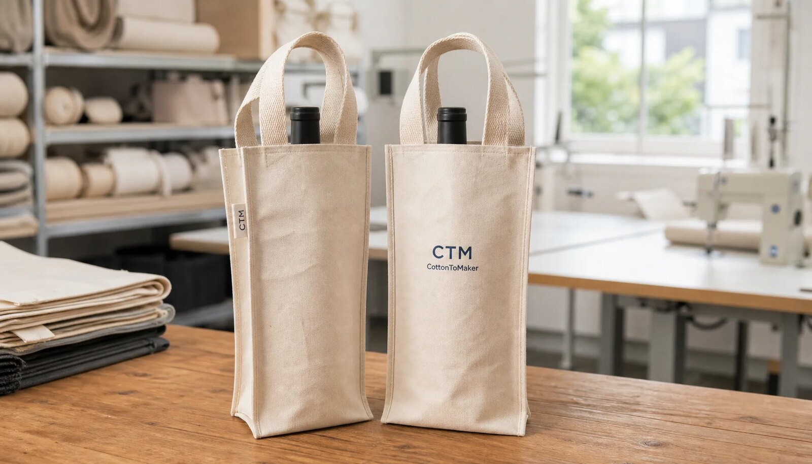 Photorealistic canvas wine carriers with a simple CTM logo in a factory sample room.