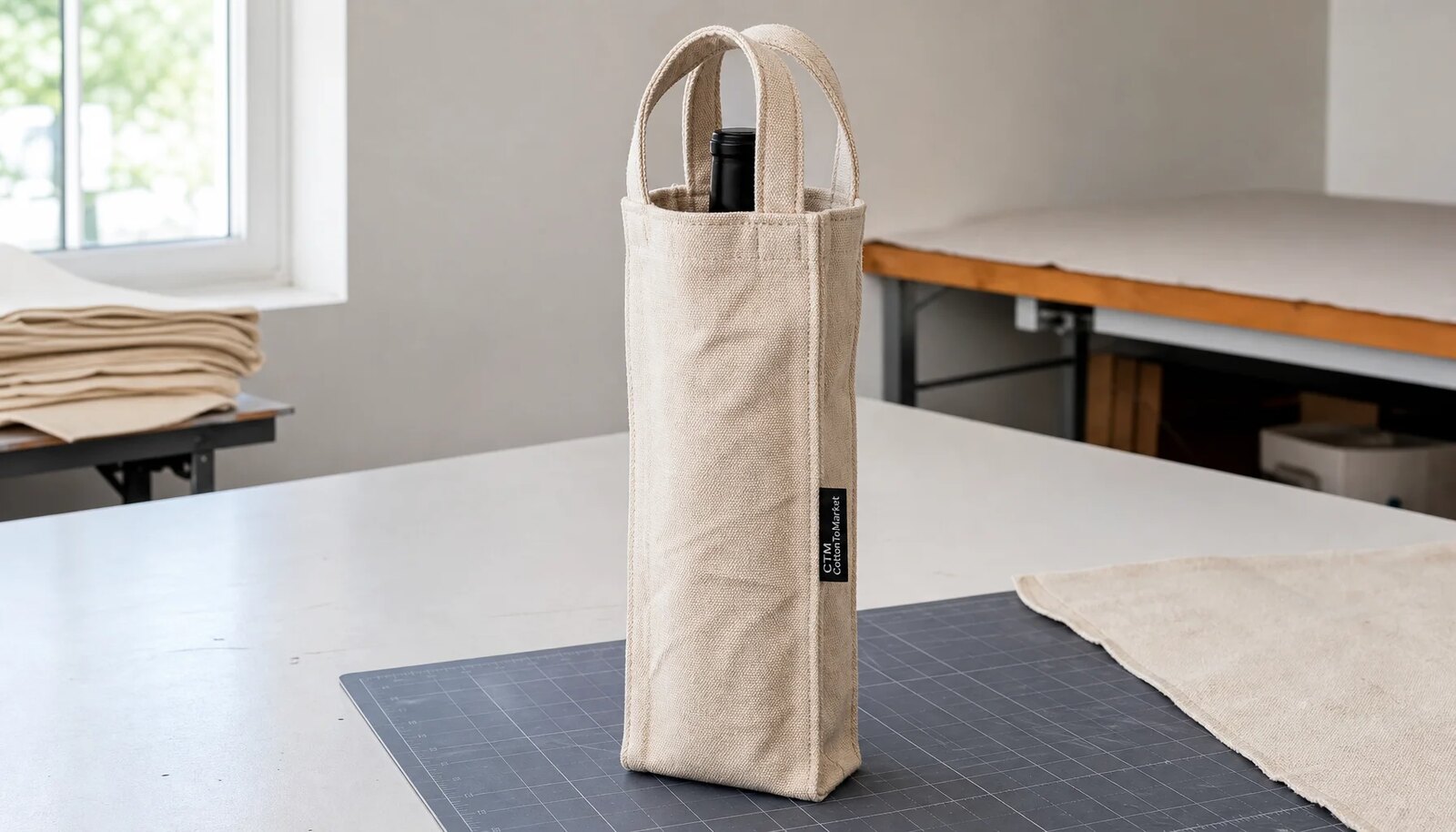 Natural canvas wine carrier with a small CTM woven side label in a clean sample room