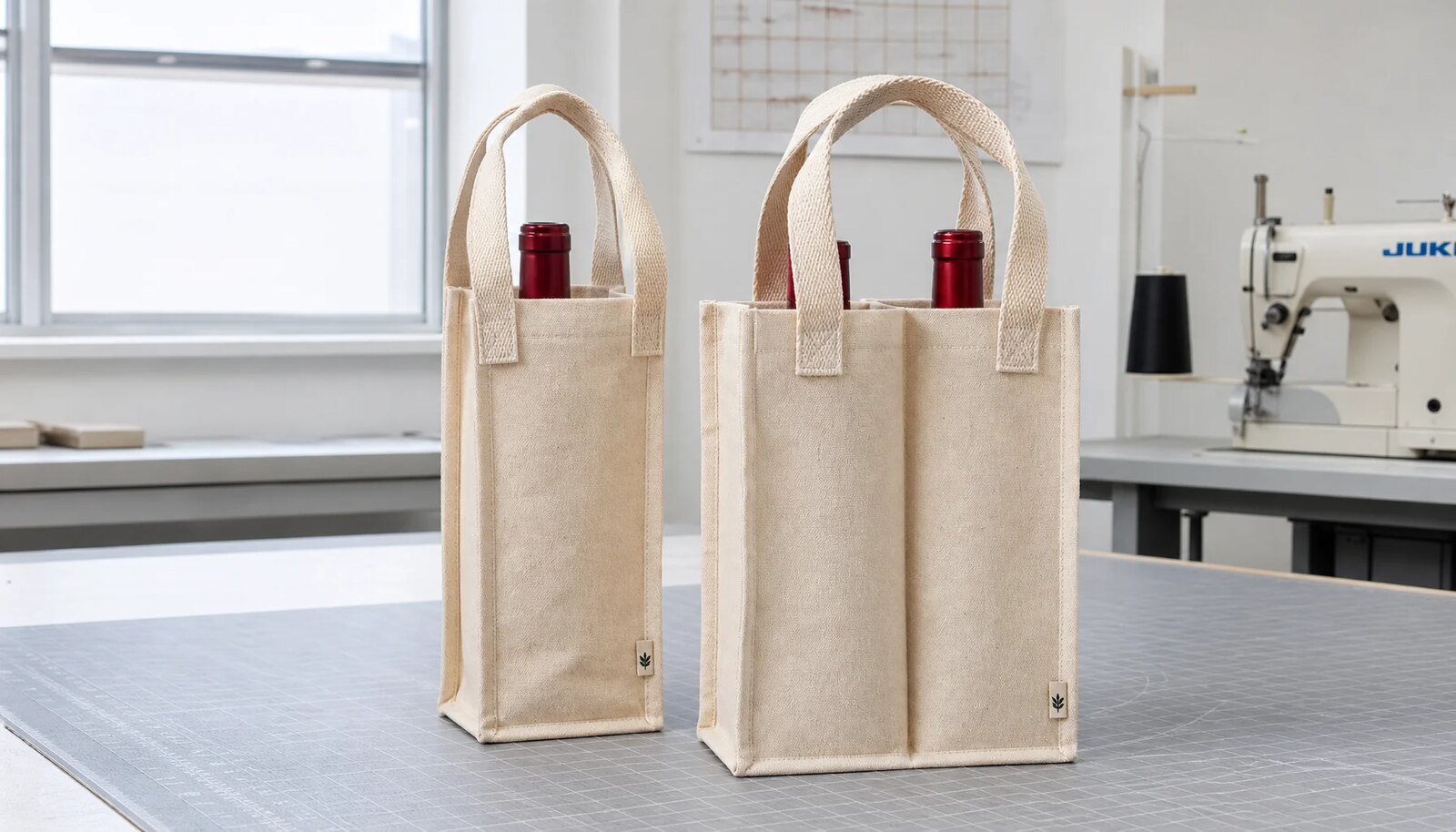 Photorealistic canvas wine carrier with CTM side label in a clean factory sample room