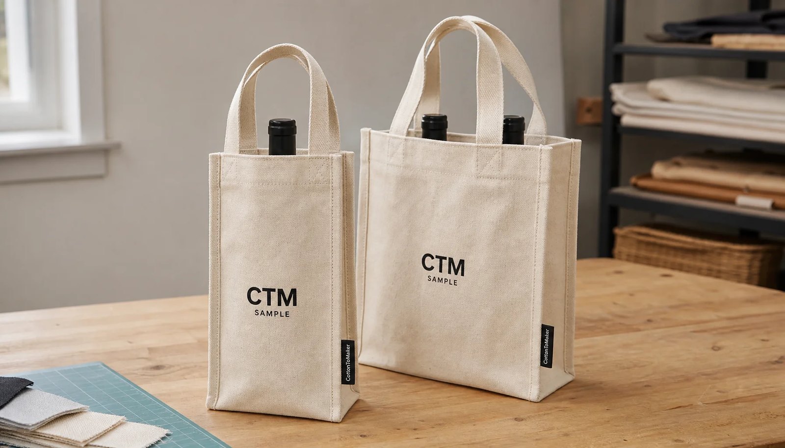 Natural canvas wine carriers with CTM logo and woven CottonToMaker side label in a factory sample room