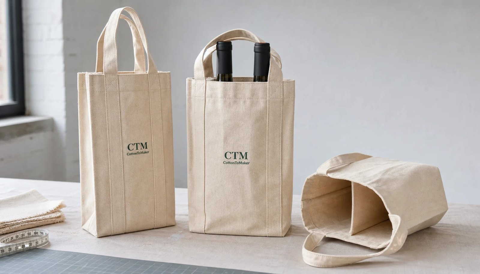Natural canvas two-bottle wine carriers with CTM sample logo and reinforced handles in a clean sample room