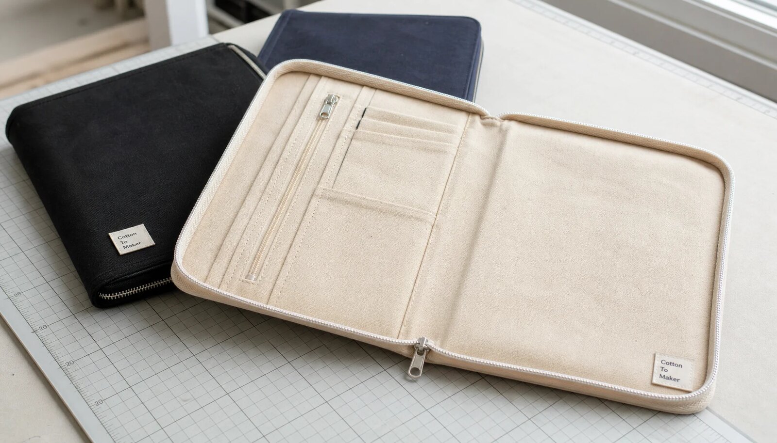 Photorealistic canvas zipper portfolio sample with a simple CTM side label in a clean studio