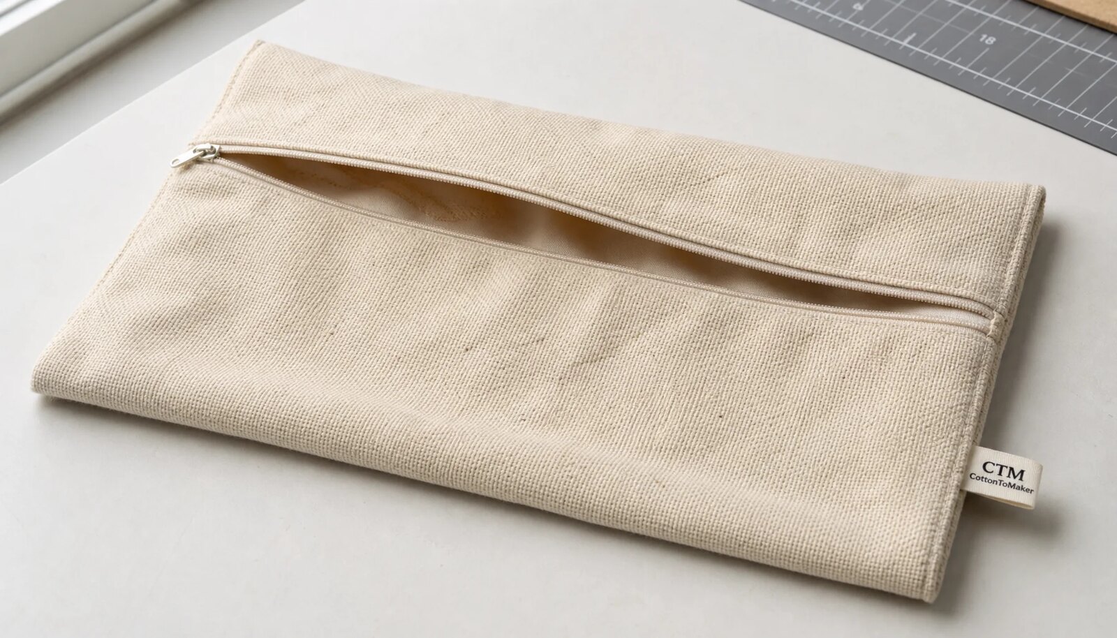 Natural canvas zipper portfolio with a small CTM / CottonToMaker woven side label in a clean factory sample room.
