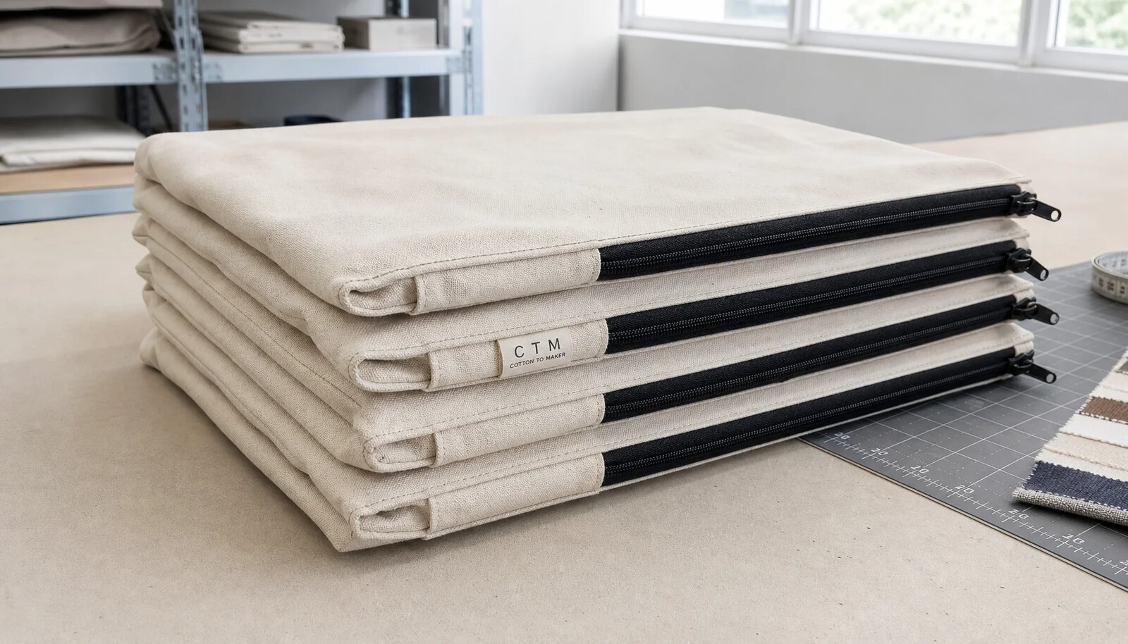 Canvas zipper portfolios stacked flat in a factory sample room with a small CTM side label.