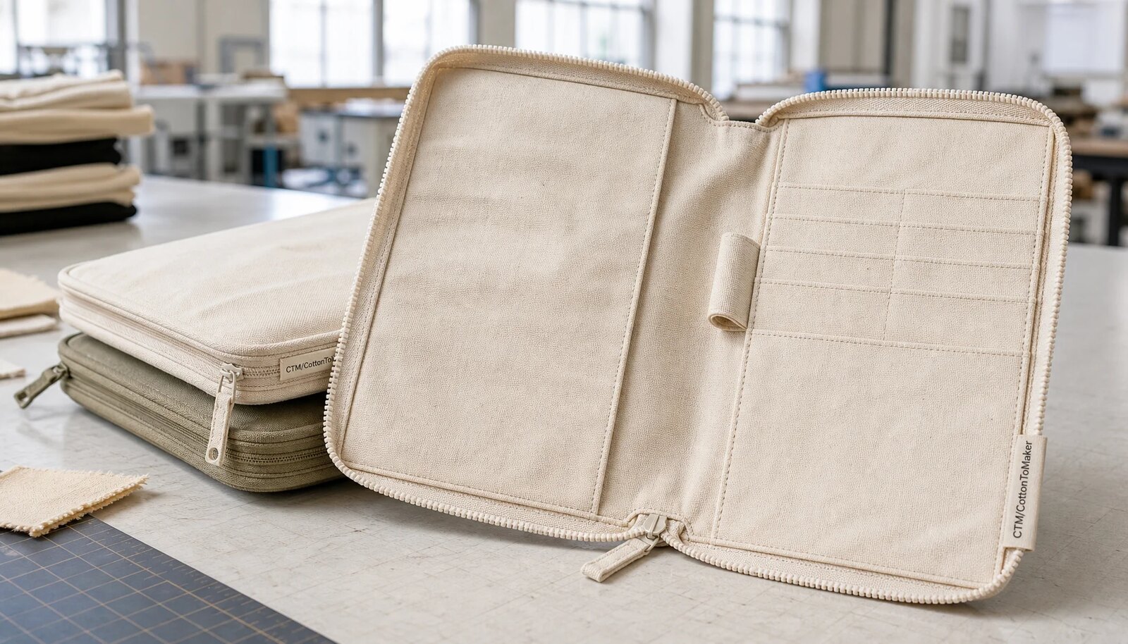 Canvas zipper portfolio with CTM/CottonToMaker label showing zipper, stitching, document sleeve, and interior pockets in a factory sample room