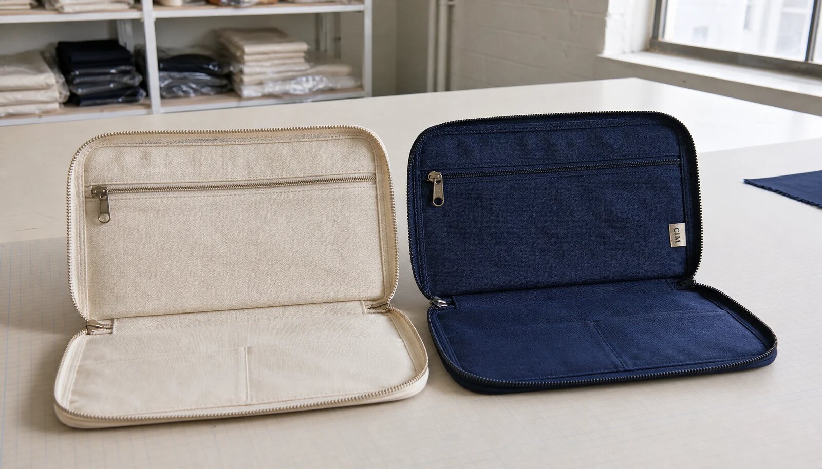 Photorealistic canvas zipper portfolios with a small CTM logo label in a factory sample room.